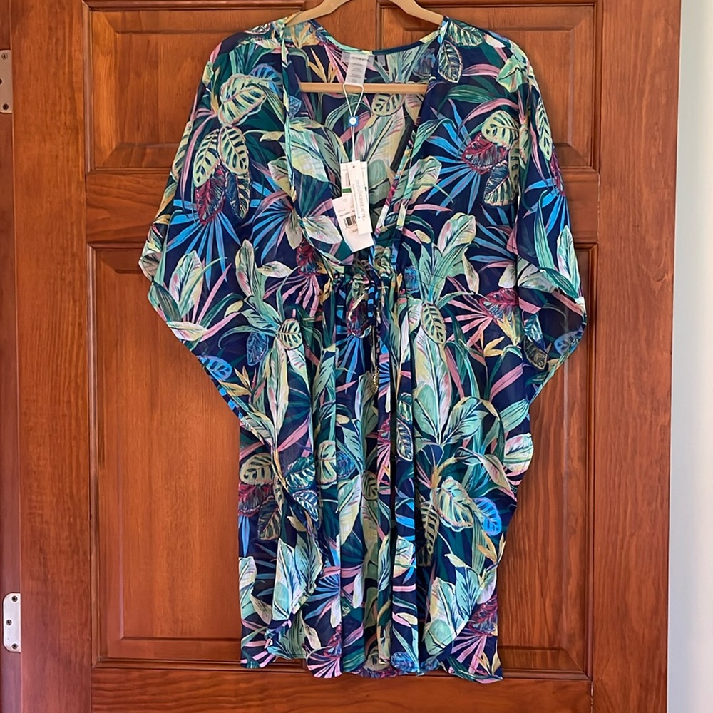 Bleu Rod Beattie flowy beach cover up. Drawstring at waist, knee length, Large